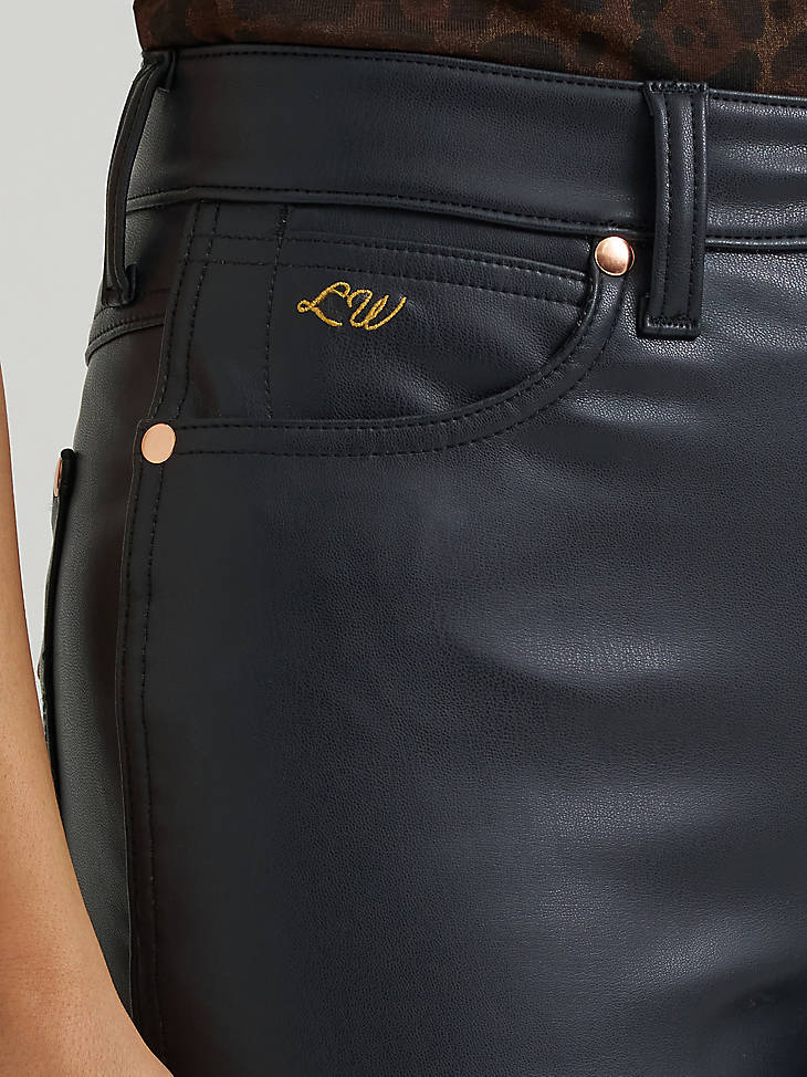 Wrangler Women's Lainey Wilson Faux Leather Flare Jean in Onyx - coin pocket initials detail