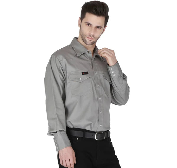 MFRSLD-002 LT GRY Men's Light Grey Flame Resistant Snap Shirt by Forge
