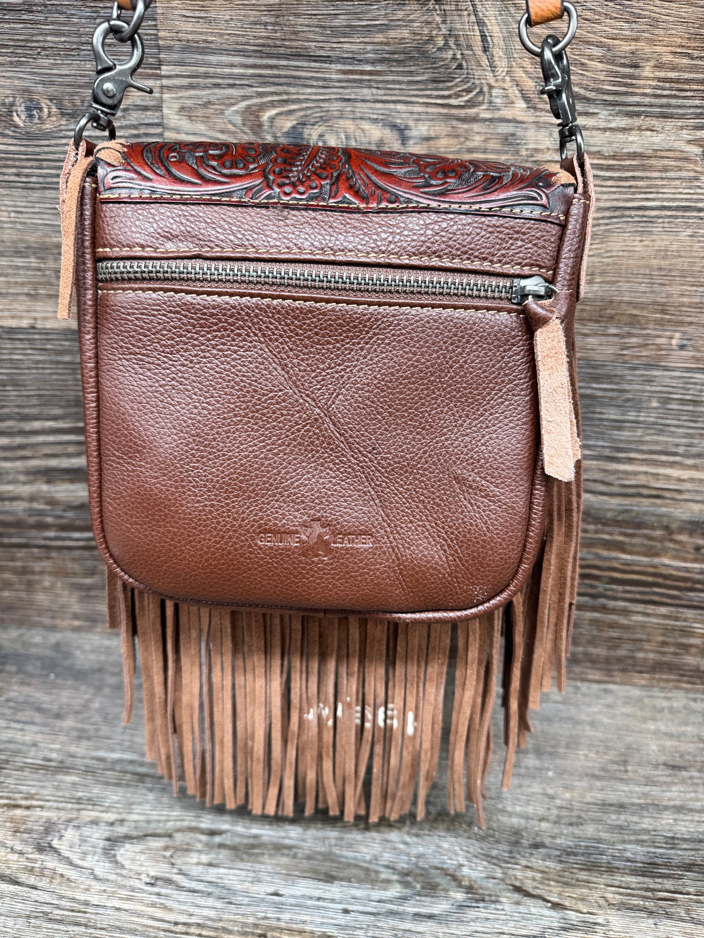 3002BR Brown Tooled Leather Crossbody Purse by Top Notch