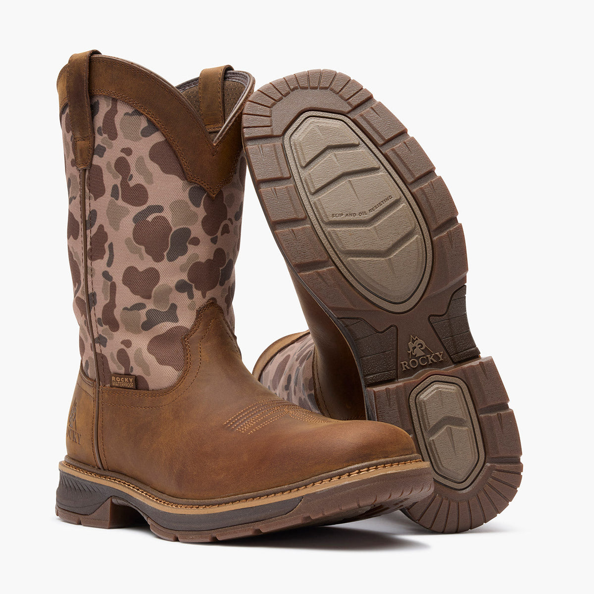 Rocky RKW0486 Ride LTE 11 inch dark brown and duck camo western boot outsole