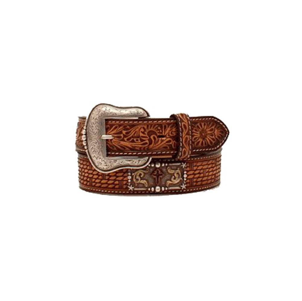 3D tan floral tooled tab belt with cross concho, front