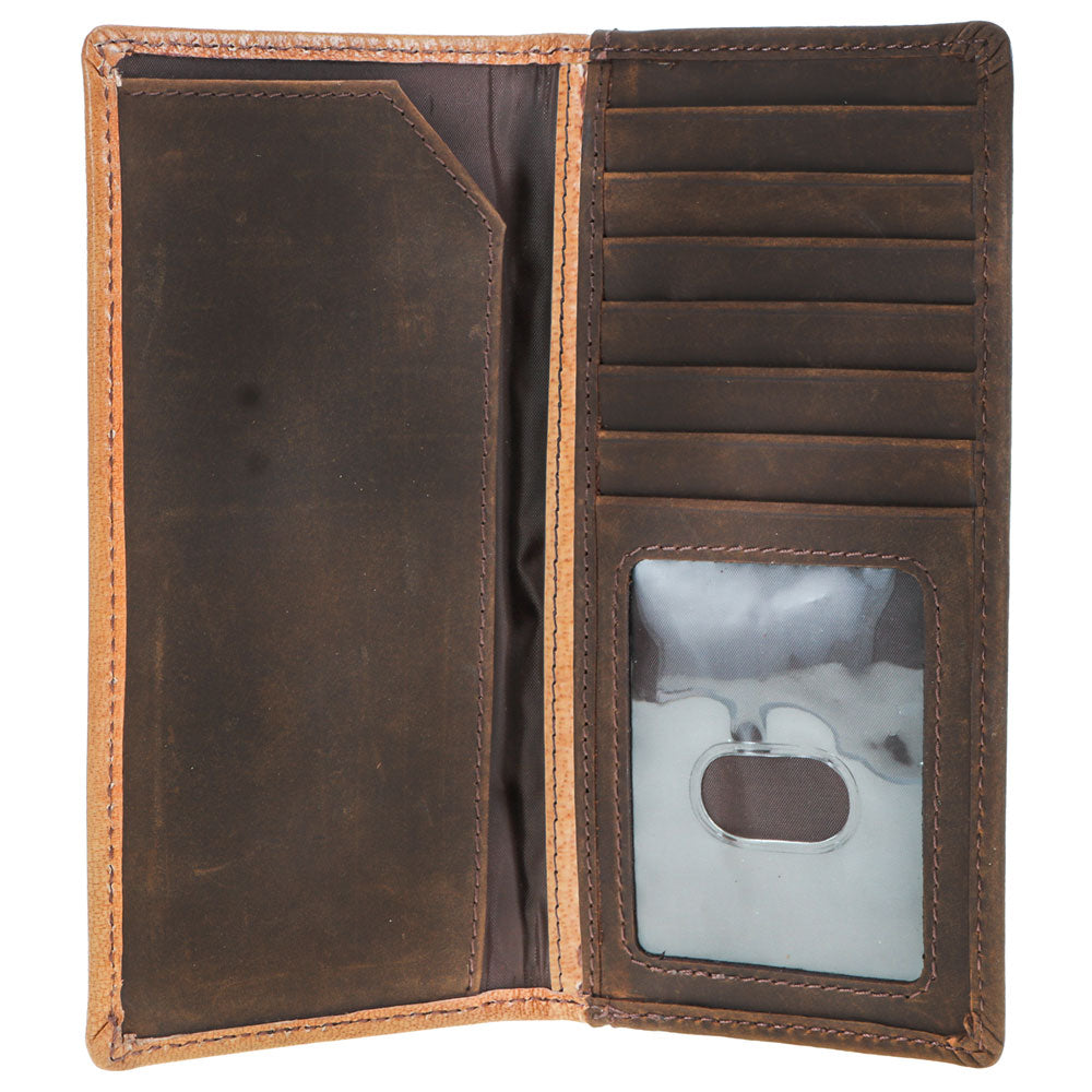 Hooey Gambler tan tooled rodeo wallet with playing cards, inside