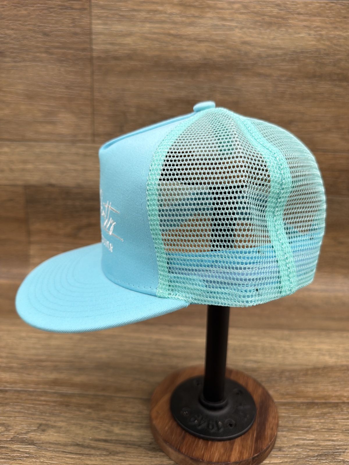 Sittin' Pretty flat brim trucker cap in Light Blue by Southern Executer, side