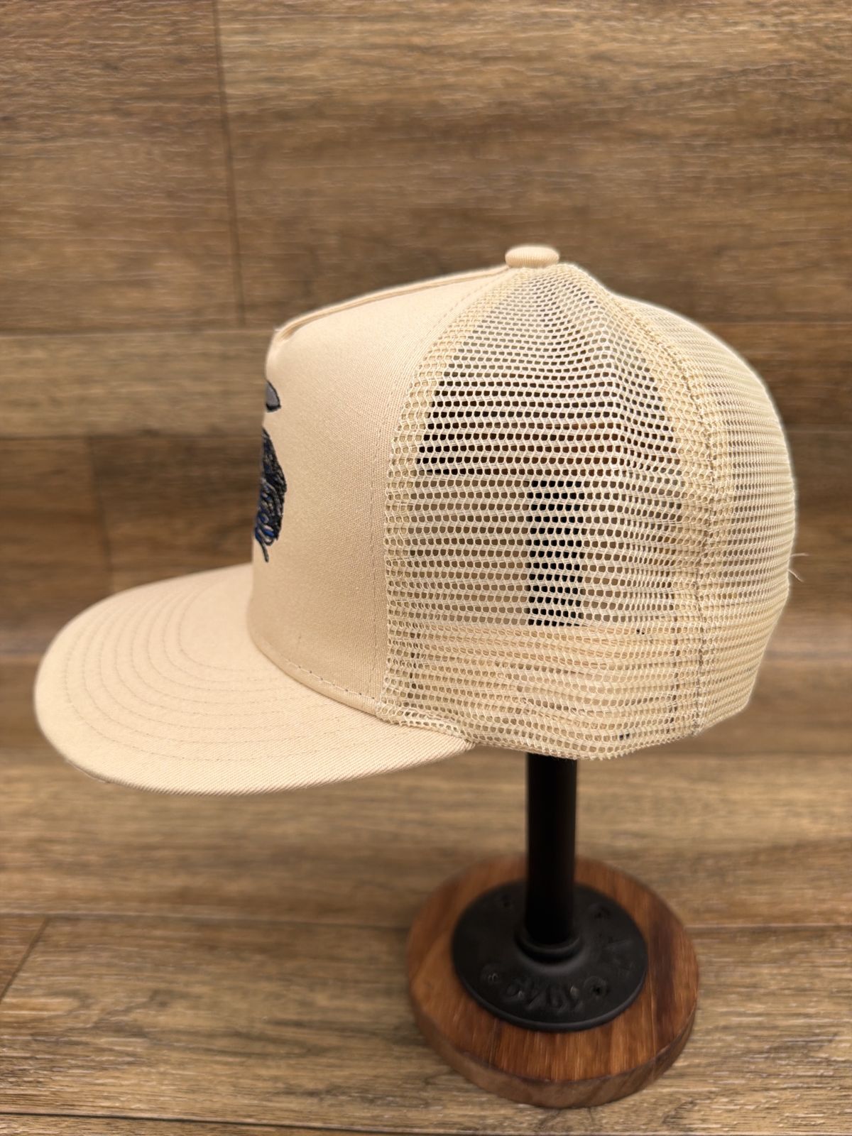 Spinnerbait flat brim trucker cap in Tan by Southern Executer, side