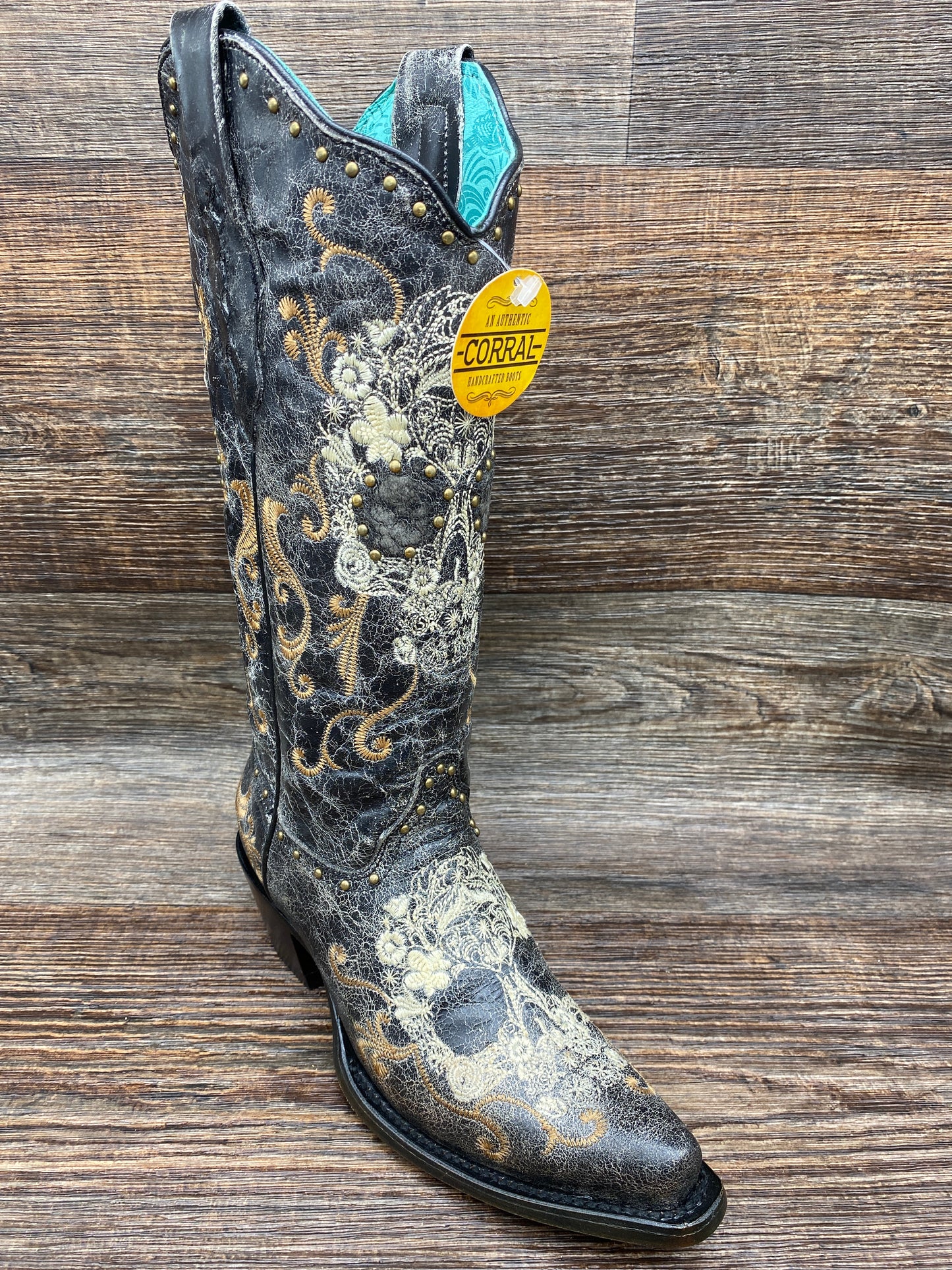 z5003 Women's Snip Toe Black & White Floral Skull Embroidered Western Boot by Corral