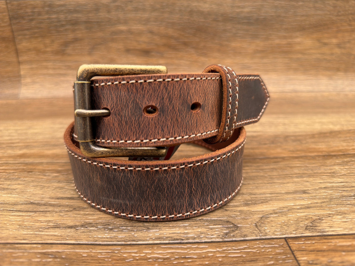 Men's 1.5 inch Distressed Brown Flex Casual Stitched Leather Belt by Gingrich Leather