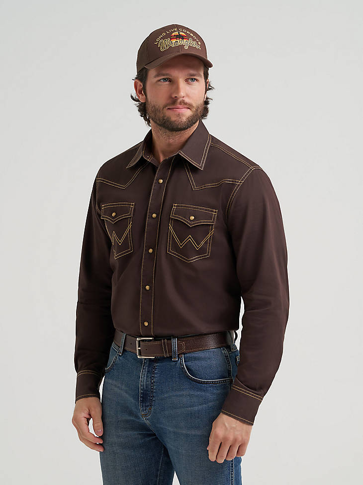 Wrangler Retro Premium Long Sleeve Snap Shirt - Modern Fit - Brown, front view