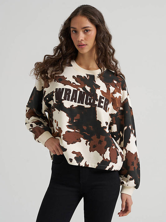 Wrangler Women's Cow Logo Canyon Crew Pullover - Cow Print - front view