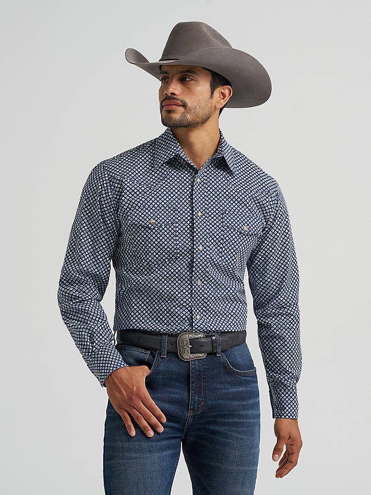 Wrangler Men's 20X Competition Advanced Comfort Long Sleeve Snap Shirt - Navy Dice - front view
