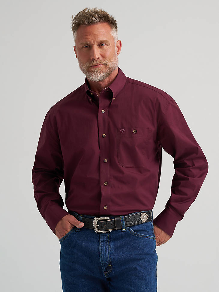 Wrangler Men's George Strait Solid One Pocket Button Down Shirt - Burgundy - front view