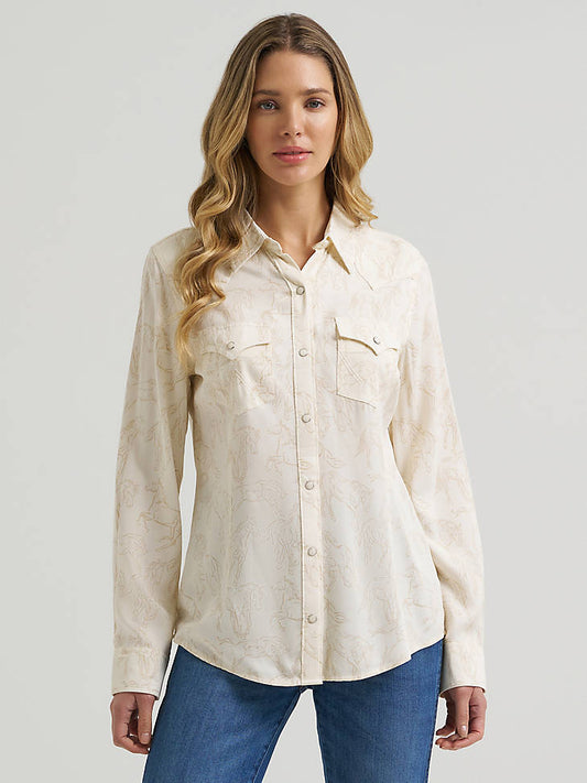Wrangler Women's Statement Sierra Western Slim Snap Shirt - Cream - front view