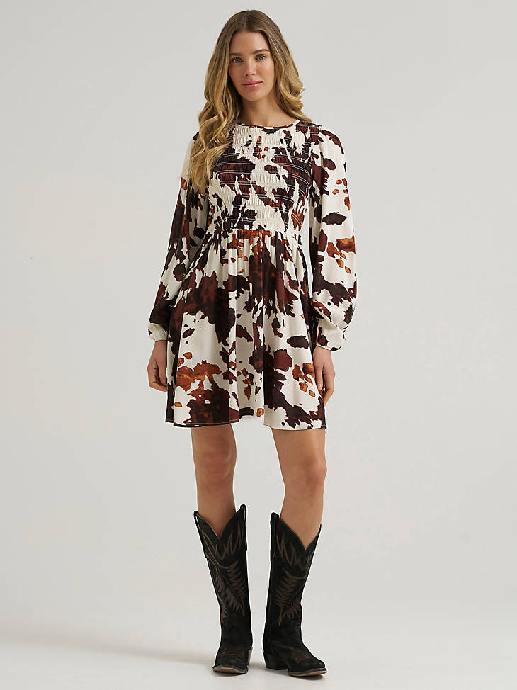 Wrangler Women's Smocked Cow Print Dress - Brown - alternate view