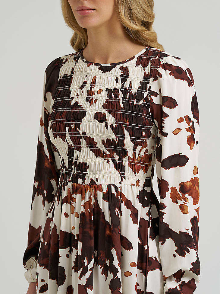 Wrangler Women's Smocked Cow Print Dress - Brown - alternate view
