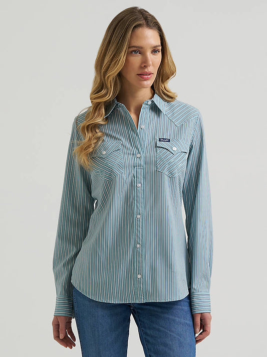 Wrangler Women's Aria Performance Shirt - Green Stripes - front view