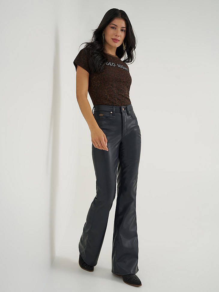 Wrangler Women's Lainey Wilson Faux Leather Flare Jean in Onyx - full front view