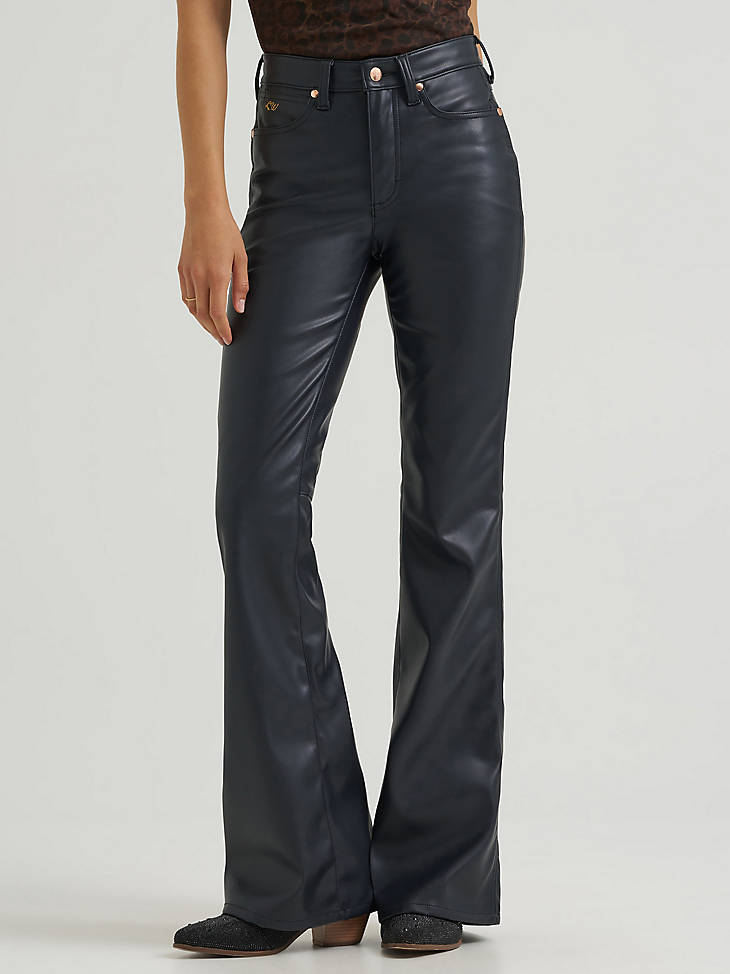 Wrangler Women's Lainey Wilson Faux Leather Flare Jean in Onyx - front view