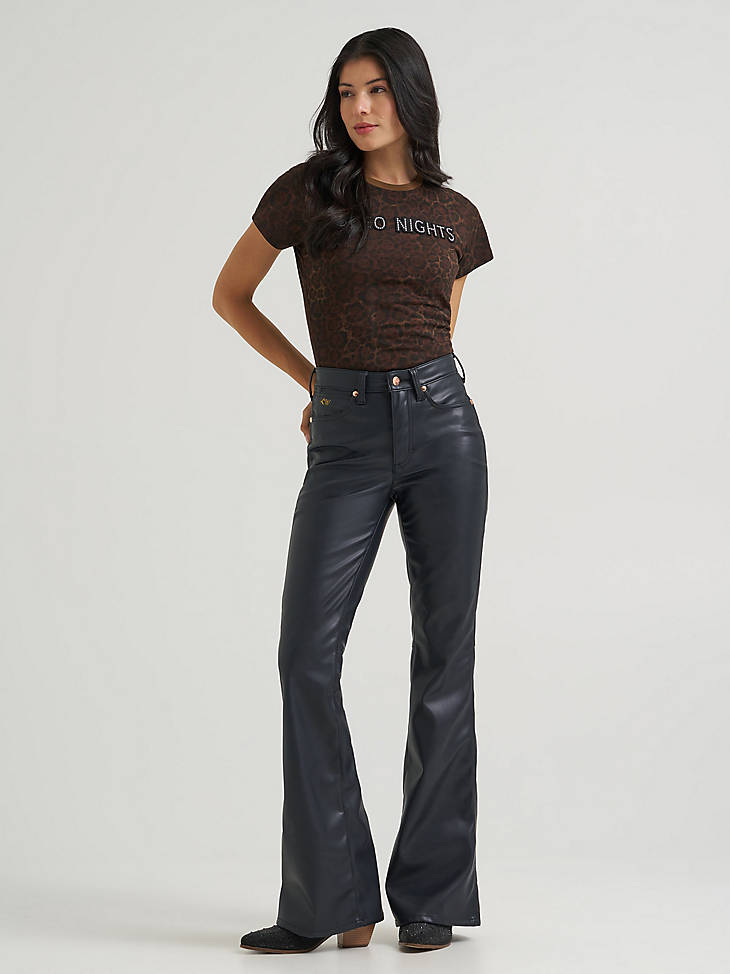 Wrangler Women's Lainey Wilson Faux Leather Flare Jean in Onyx - alternate front view
