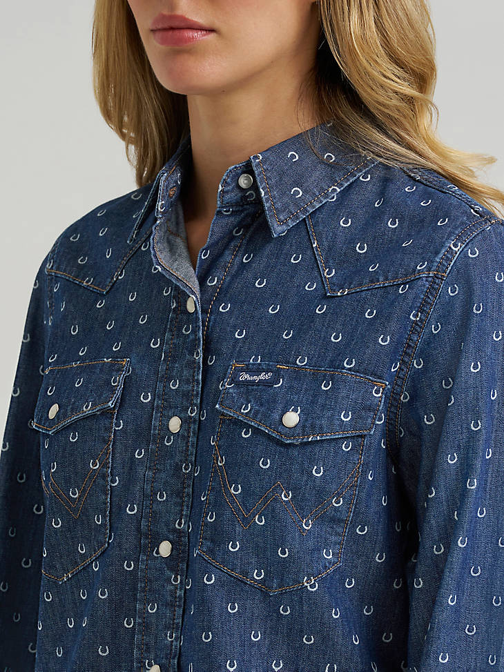 Wrangler Women's Printed Vintage Fit Snap Shirt - Denim - alternate view