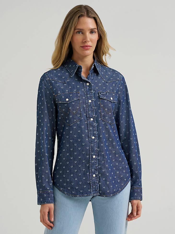 Wrangler Women's Printed Vintage Fit Snap Shirt - Denim - front view