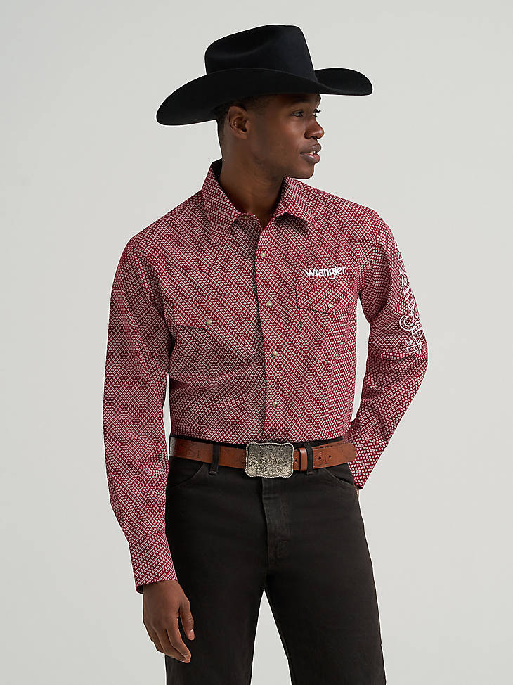 Wrangler Men's Logo Long Sleeve Western Snap Shirt - Brick - front view