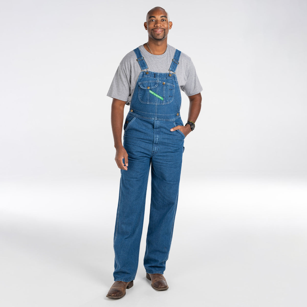 Enzyme Washed Denim Bib Overall by Key Industries - worn front