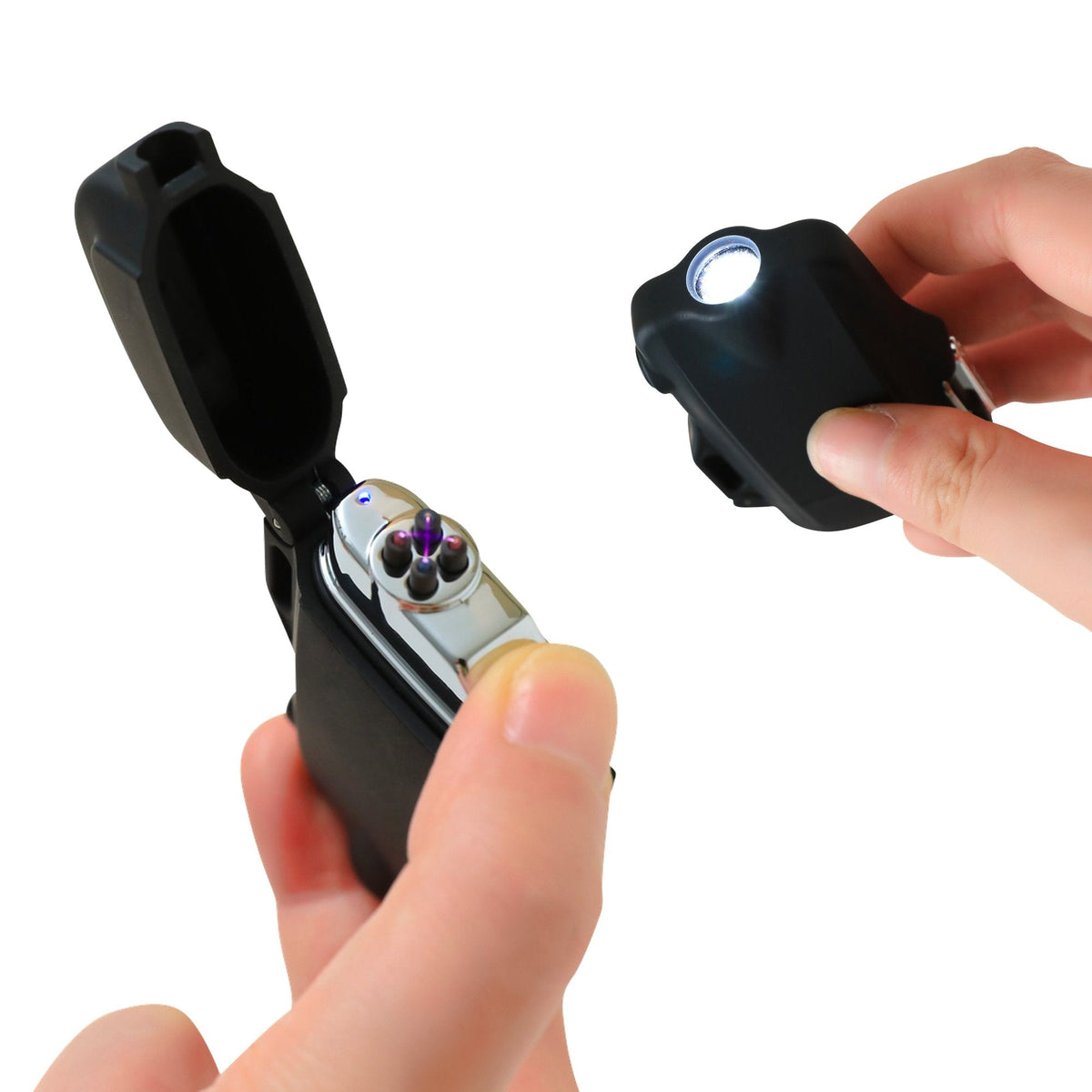 Quad Core Arc Lighter by Mad Man showing the dual arc and flashlight in use