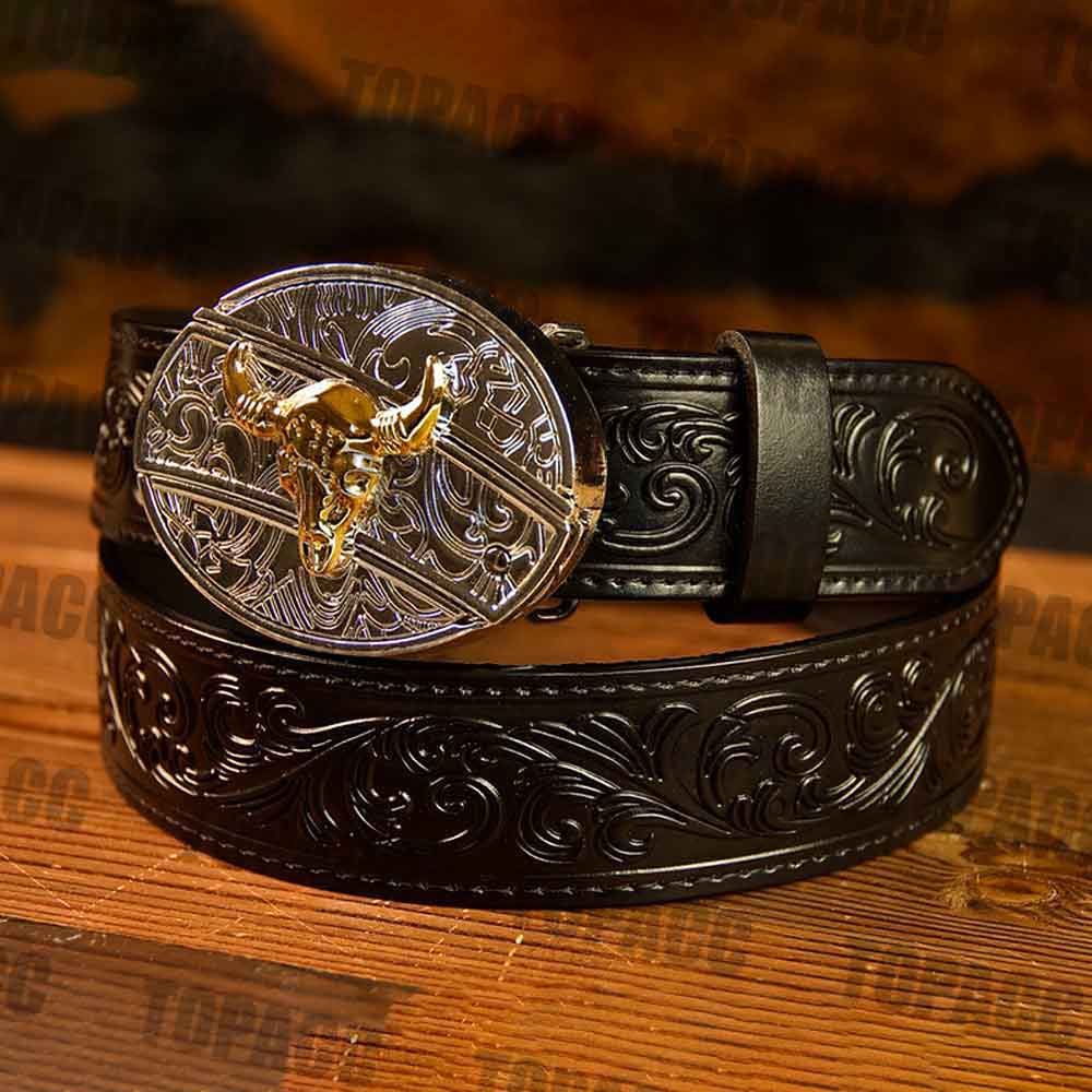 Black Leather Belt with Two-tone Strap Holder Buckle