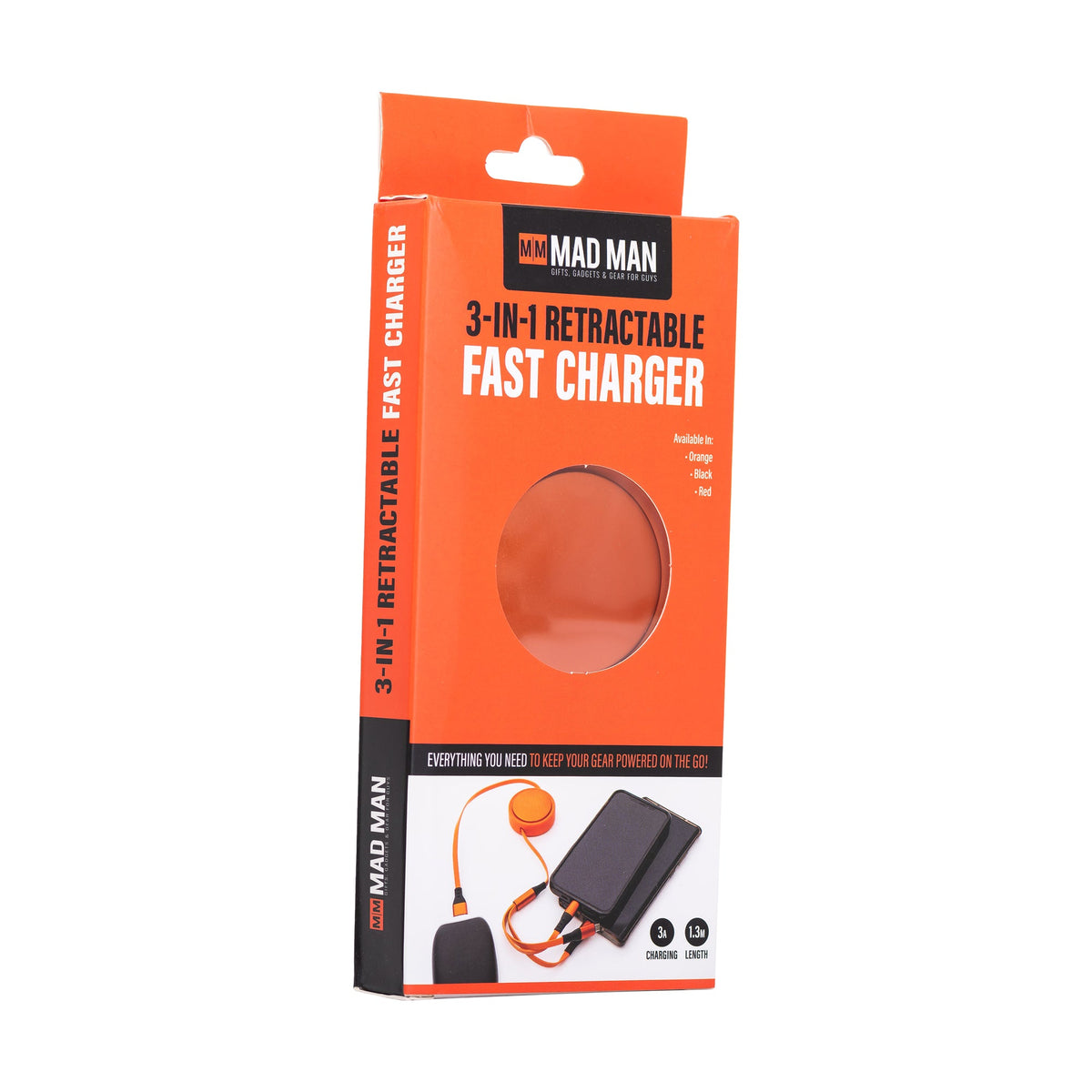 Retractable 3-in-1 Fast Charging Cable by Mad Man retail package