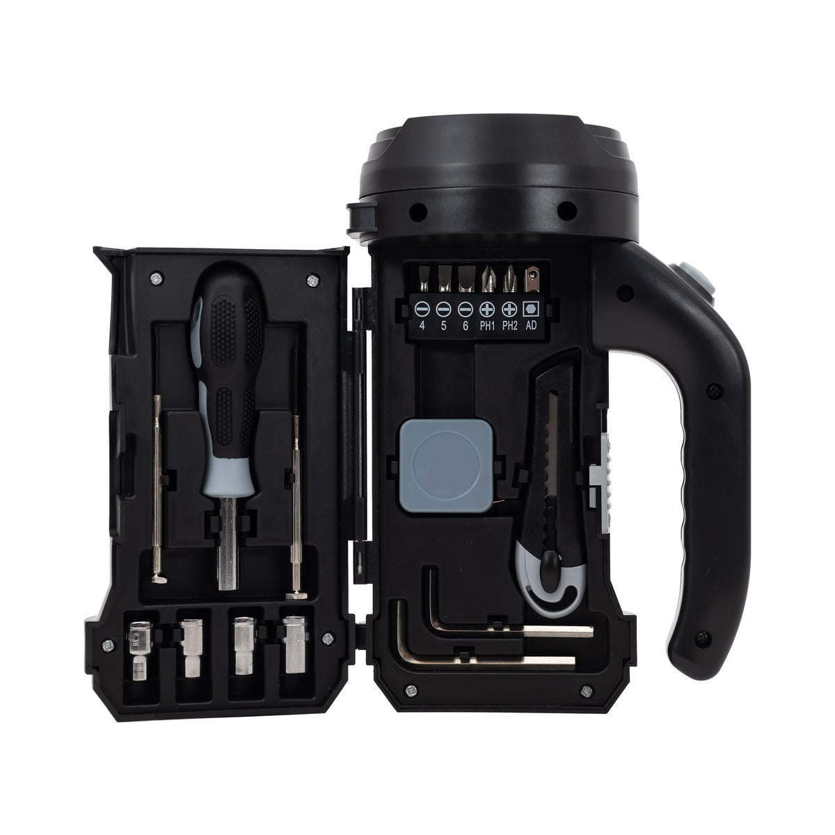 17-Function Flashlight and Tool Kit by Mad Man opened to show the stored tools