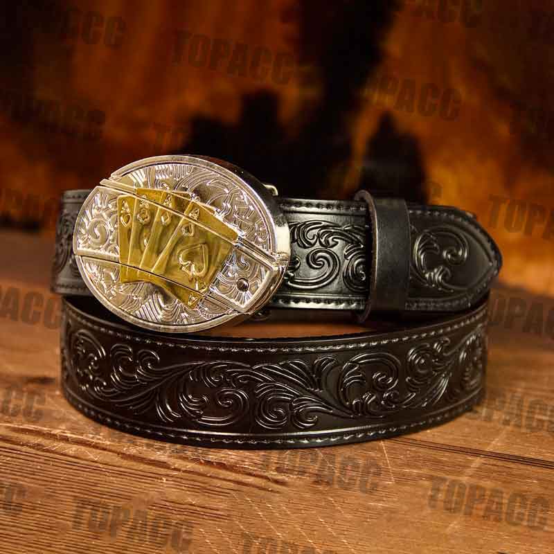 Black Leather Belt with Two-tone Strap Holder Buckle