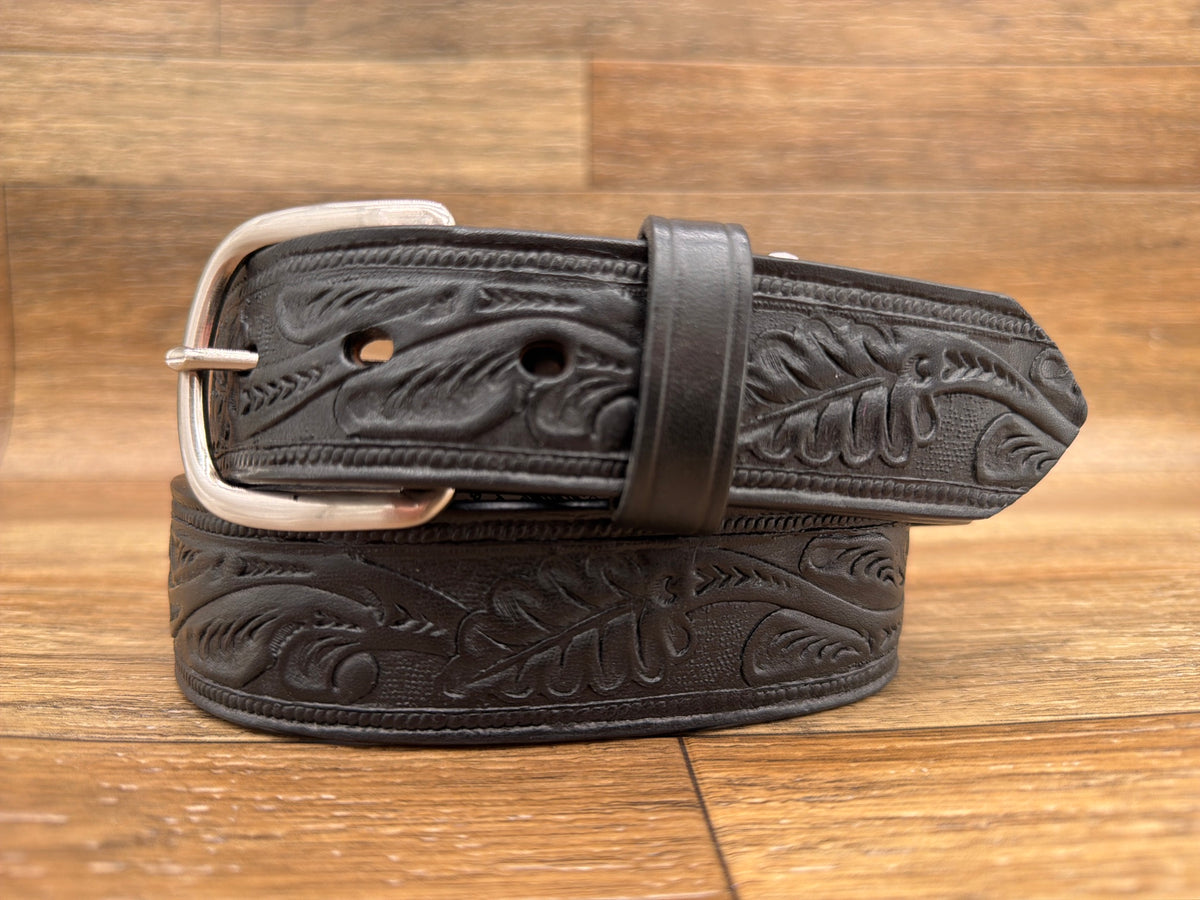 Men's 1.5" Black Oak Leaf Tooled Leather Belt by Gingrich Leather