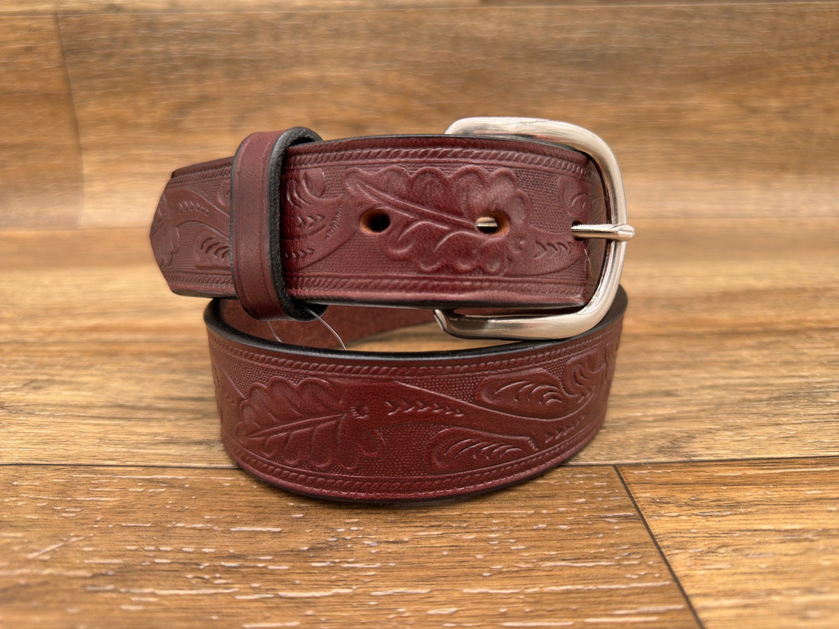 Men's 1.5 inch Chestnut Leaf Tooled Leather Belt by Gingrich Leather