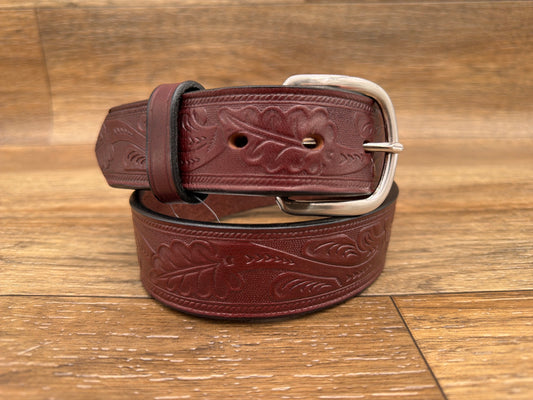 Men's 1.5 inch Chestnut Leaf Tooled Leather Belt by Gingrich Leather