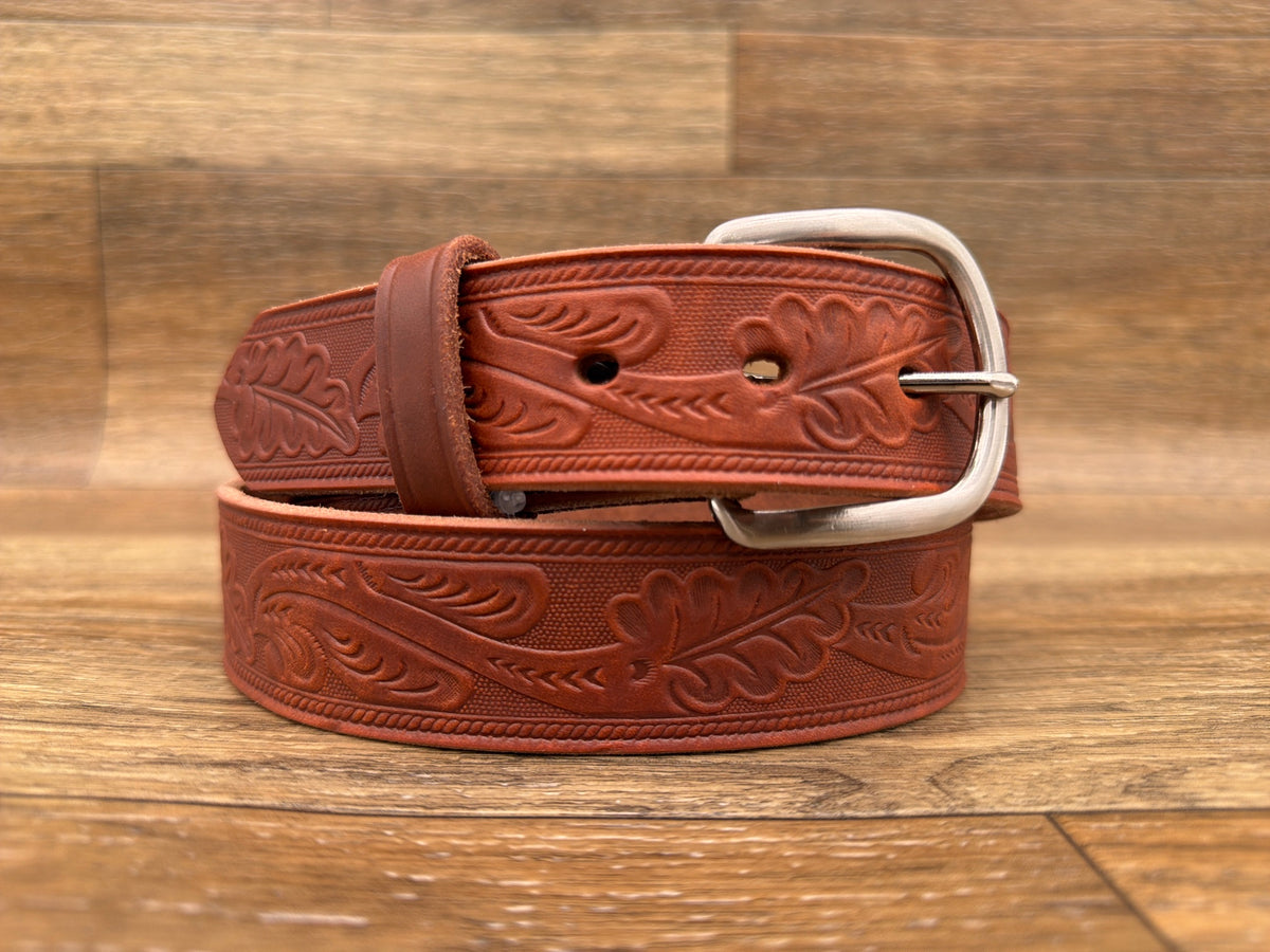 Men's 1.5" Sedona Brown Oak Leaf Tooled Leather Belt by Gingrich Leather