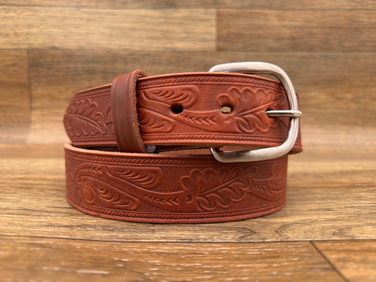 Men's 1.5" Sedona Brown Oak Leaf Tooled Leather Belt by Gingrich Leather