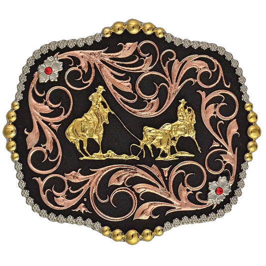 A392T Tri-Color Team Ropers Traditional Attitude Buckle by Montana Silversmiths