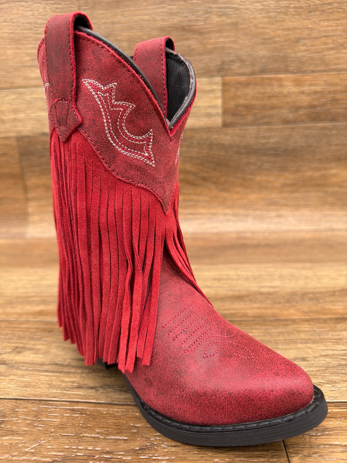 Kid's Happy Trails Fringe Snip Toe Western Boot by Dan Post - angled front view
