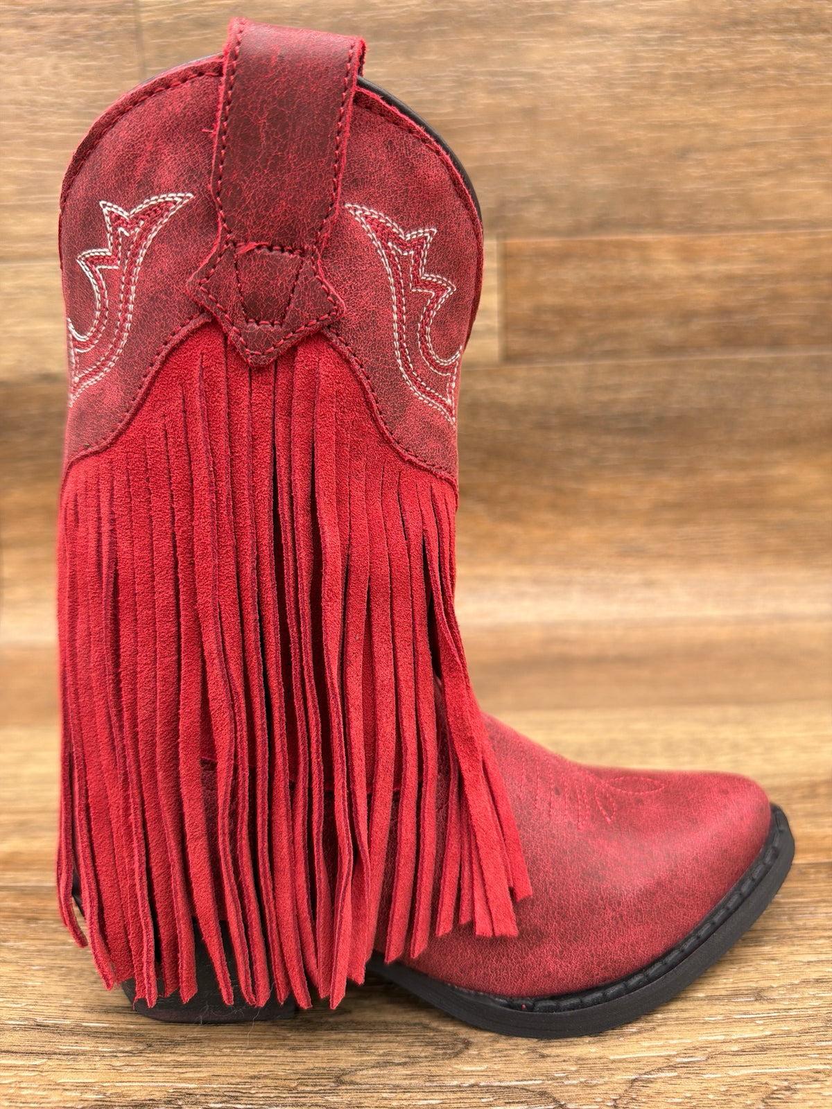 Kid's Happy Trails Fringe Snip Toe Western Boot by Dan Post - outside side view