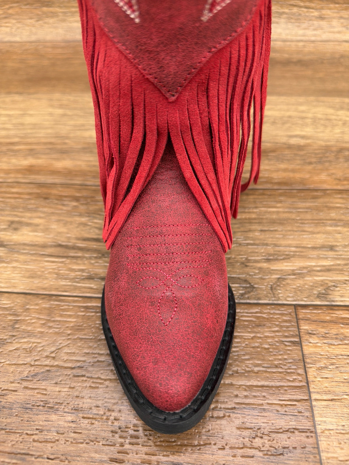 Kid's Happy Trails Fringe Snip Toe Western Boot by Dan Post - toe top view