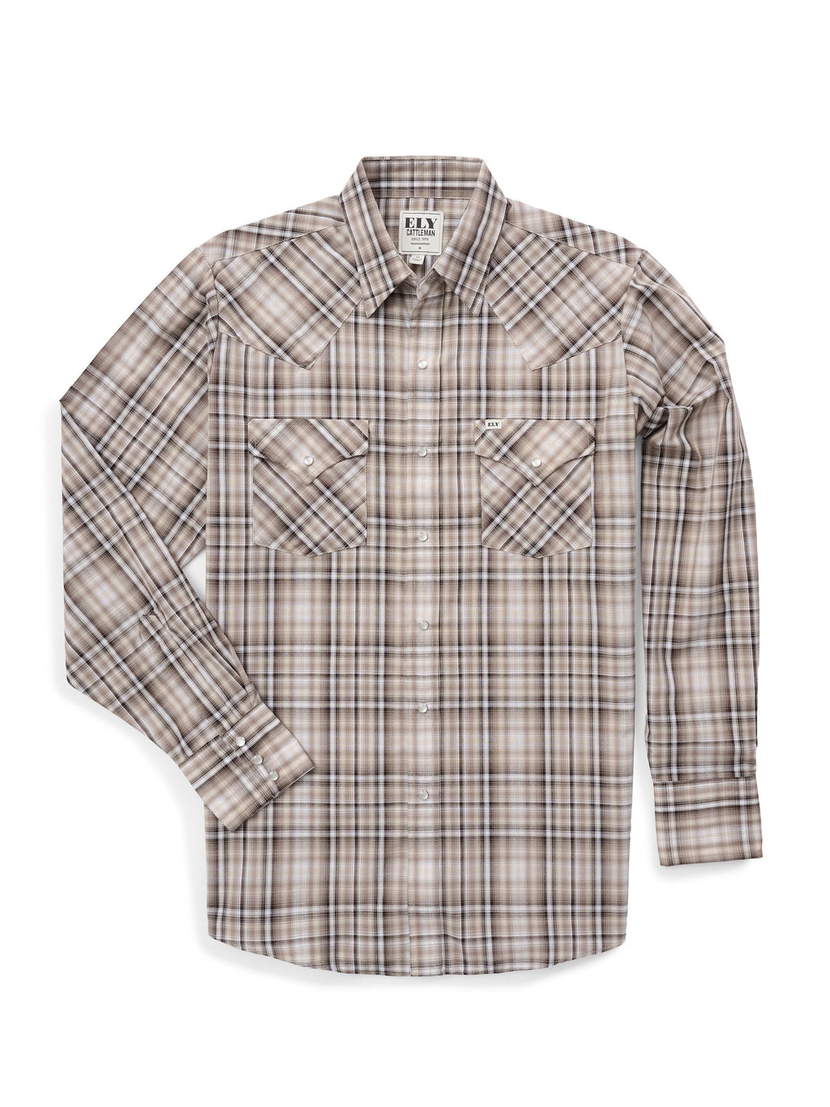 Men's Long Sleeve Assorted Plaid Western Snap Shirt by Ely Cattleman - tan plaid