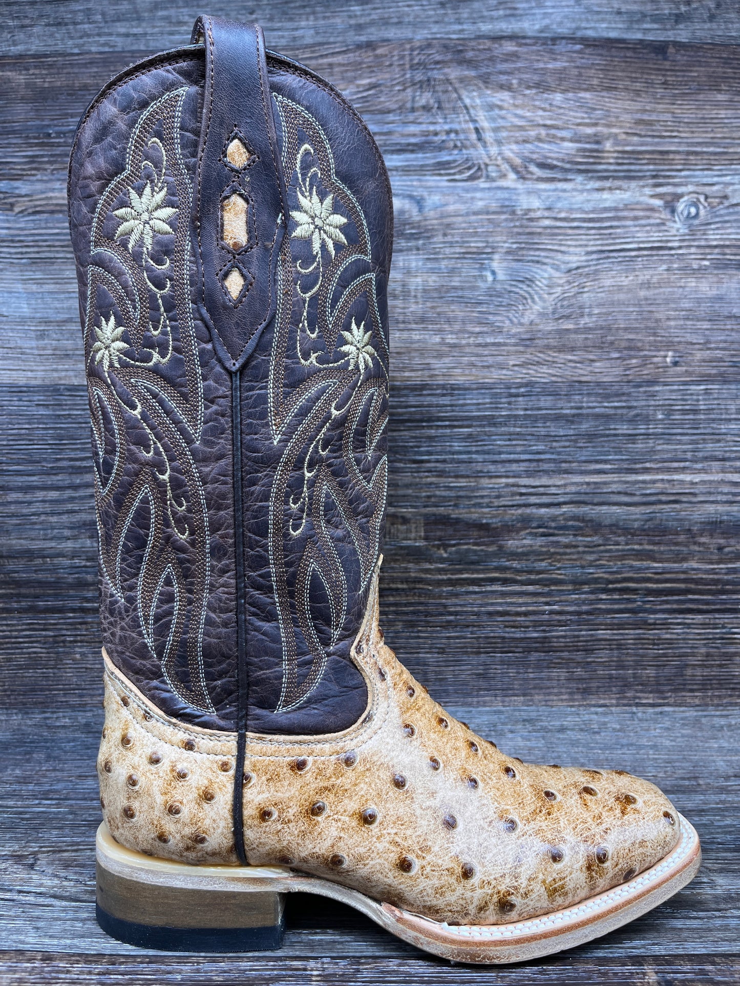 Q477 Women's Tan Faux Ostrich Print Square Toe Western Boot by Cowtown