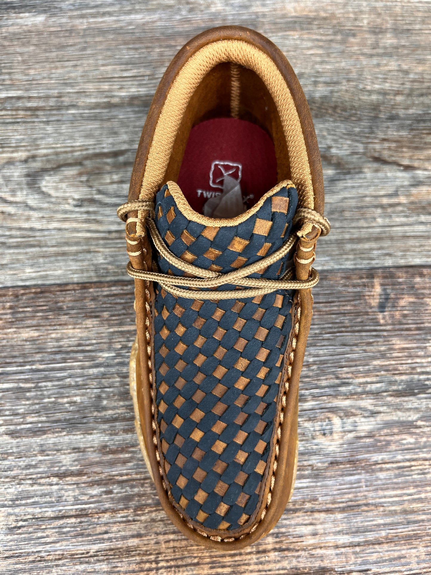 YDM0046 Kid's Lace Up Brown & Blue Basketweave Driving Moc by Twisted X