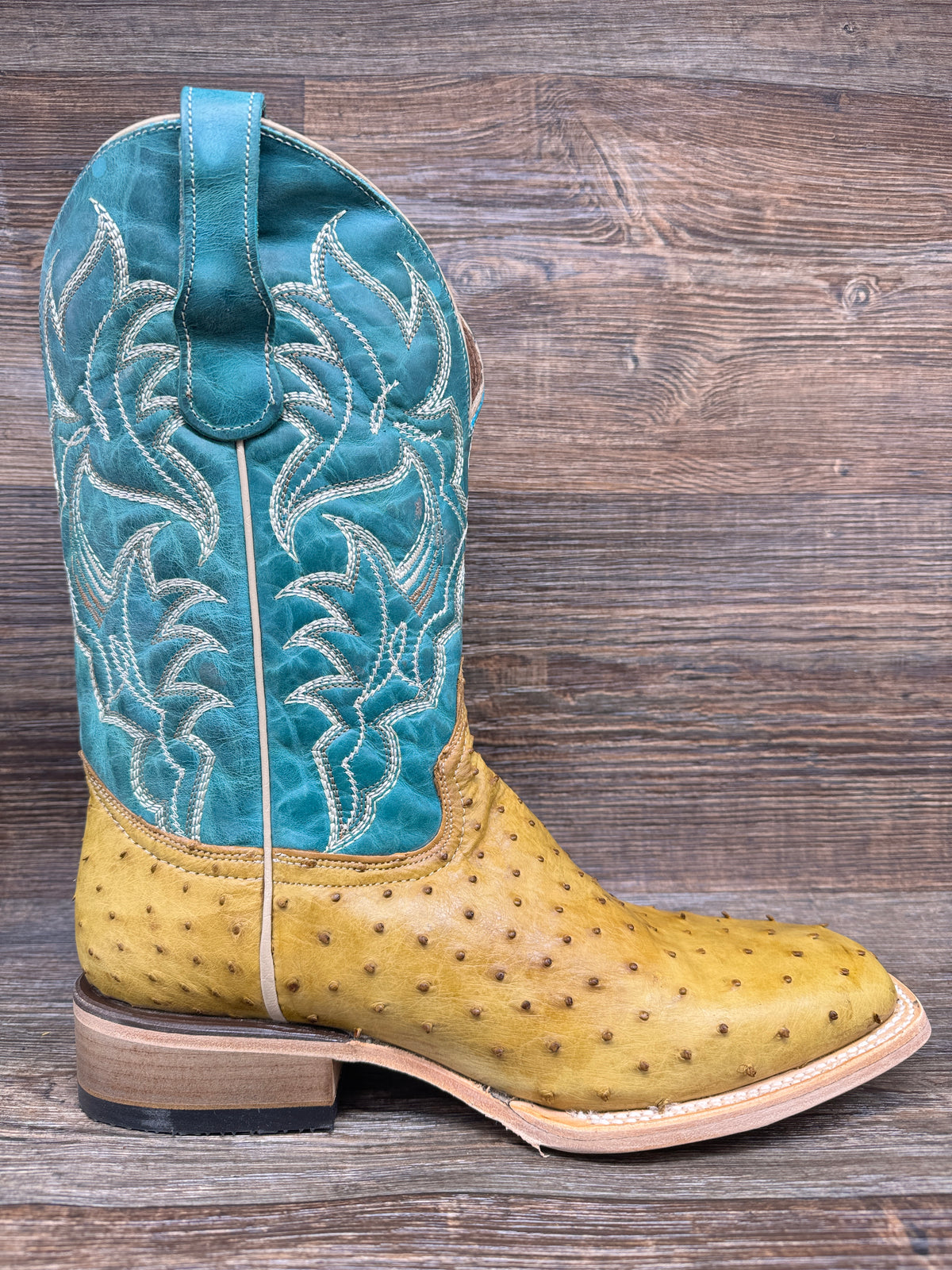 Aguila‎ Real Cowboy Boots Exotic Leather Blue Genuine Ostrich Skin Men’s Sz 6.5 Austin Gasoline Green Exotic Ostrich Cowboy Boots Square Toe  main image 3