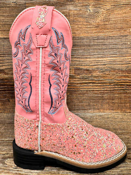 VB9185 Girl's Pink Glitter Square Toe Western Boots by Old West