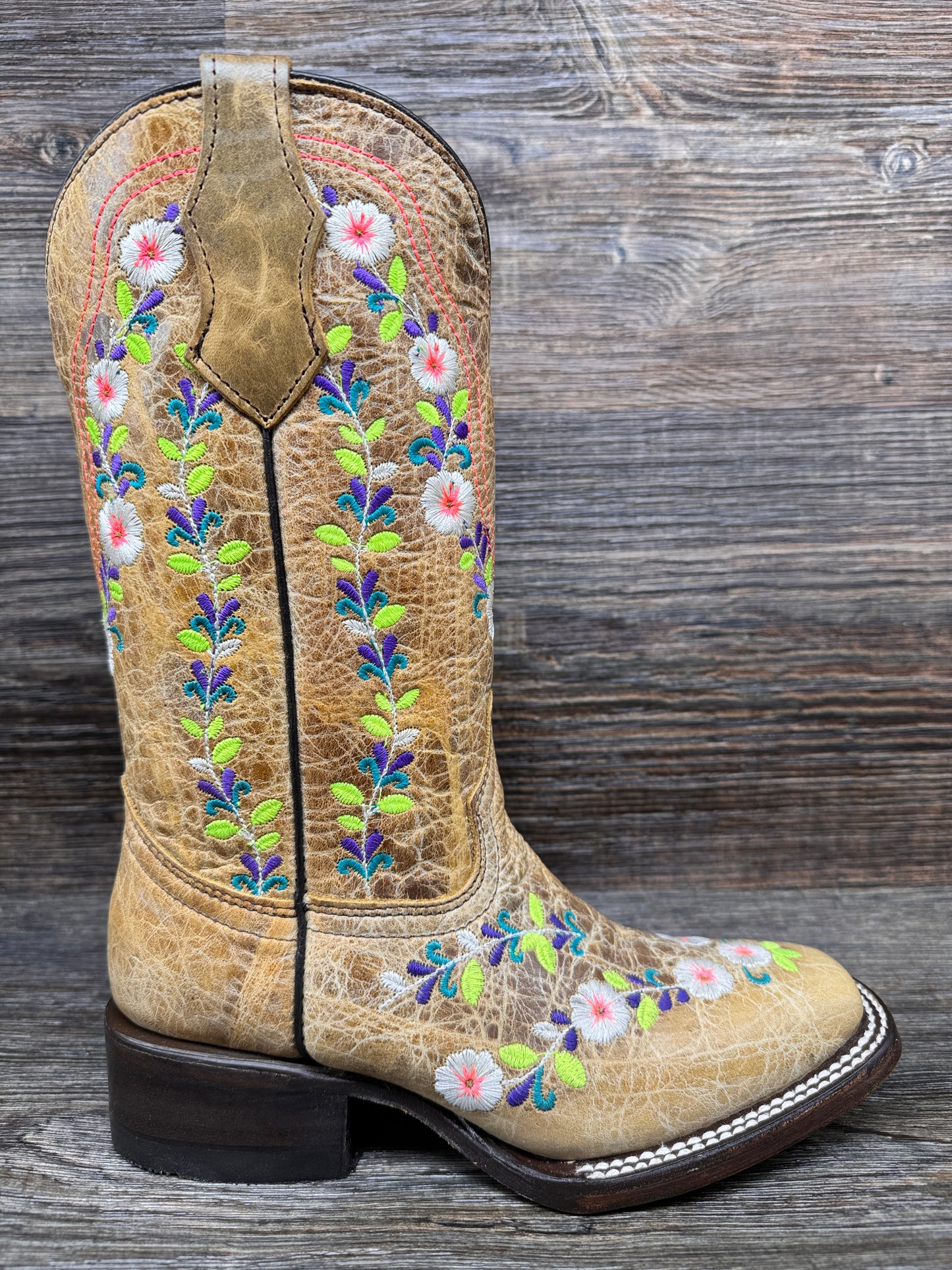 T0161 Teen Honey Floral Embroidery Square Toe Western Boot