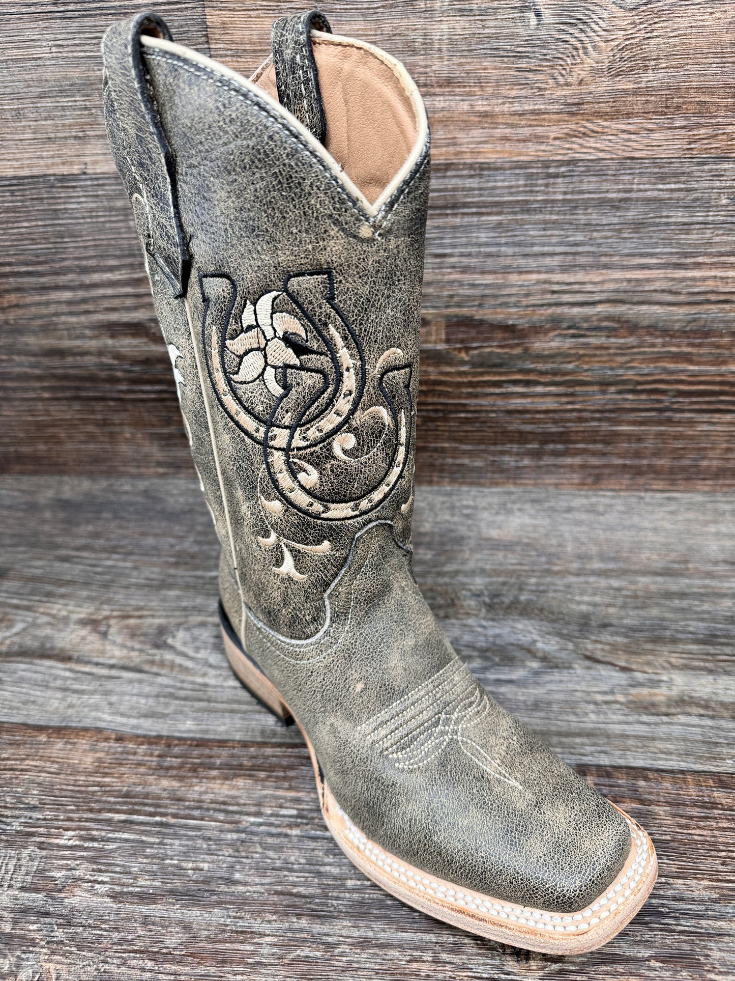 J7115 Teens Circle-G Black & Bone Embroidered Square Toe Western Boots by Corral