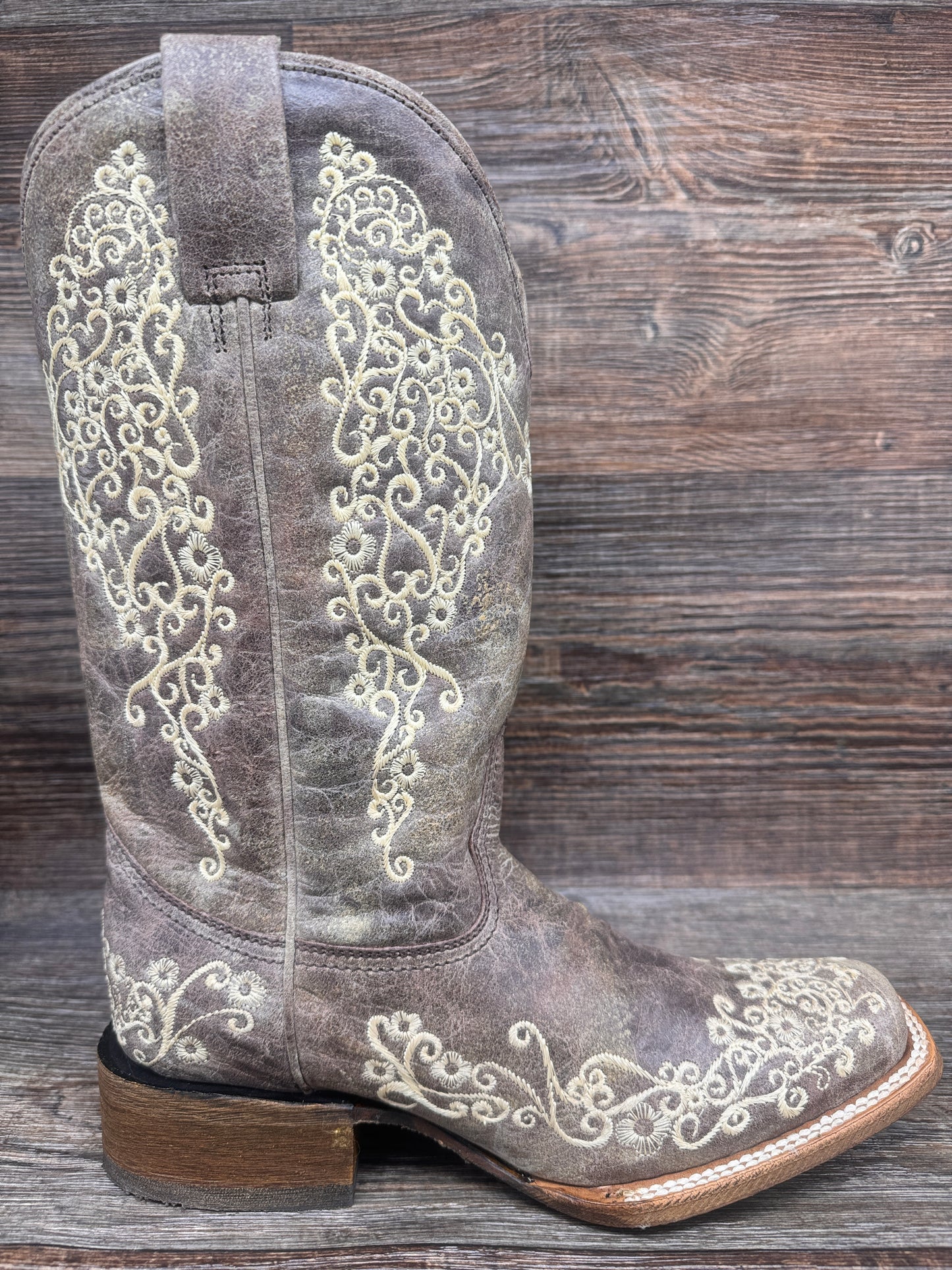 A2663 Women's Bone Floral Embroidered Square Toe Western Boot by Corral