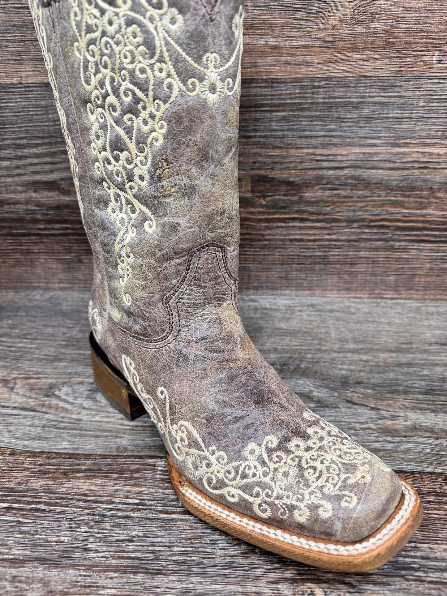 A2663 Women's Bone Floral Embroidered Square Toe Western Boot by Corral