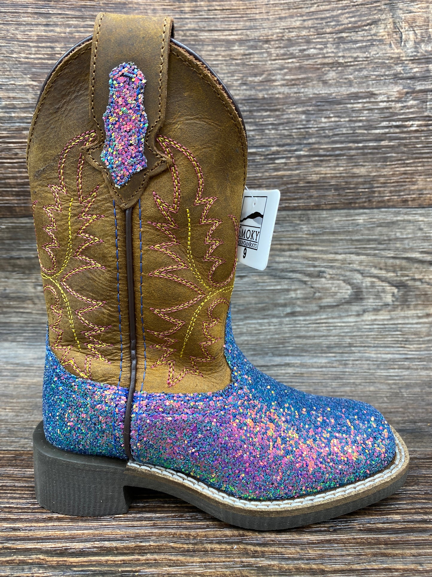 3077 Kid's Pastel Glitter Square Toe Western Boots by Smoky Mountain