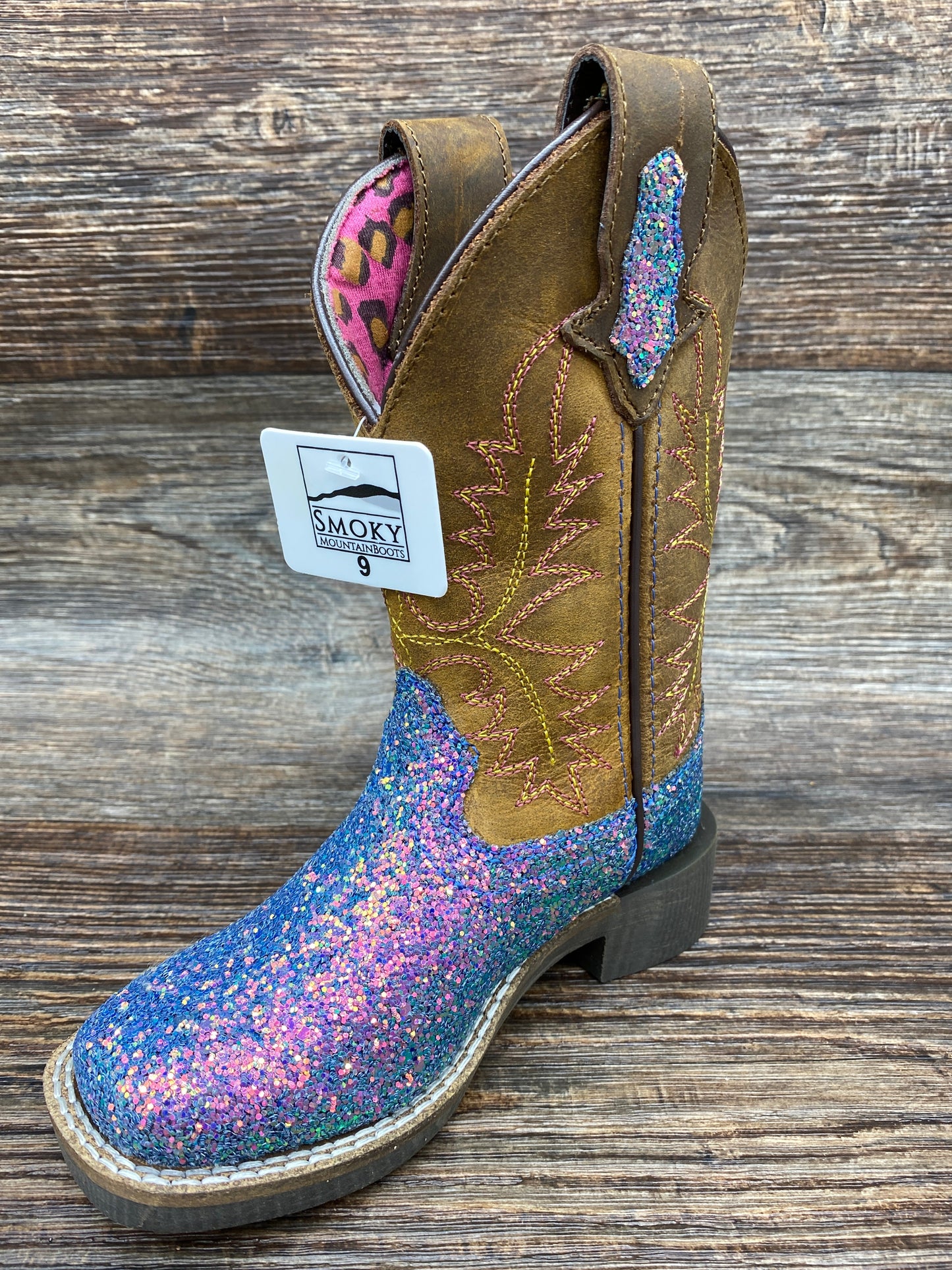 3077 Kid's Pastel Glitter Square Toe Western Boots by Smoky Mountain